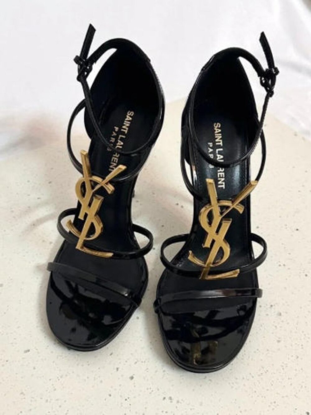 Saint Laurent Cassandra Black Patent Leather Heeled Sandals with Gold YSL Logo
